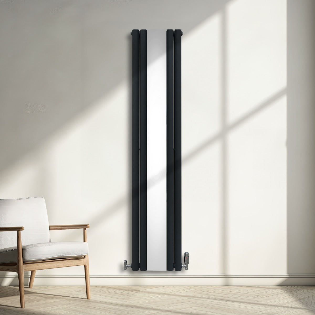 Radiateur à Colonne Ovale avec Miroir & Valves - 1800mm x 380mm – Gris Anthracite