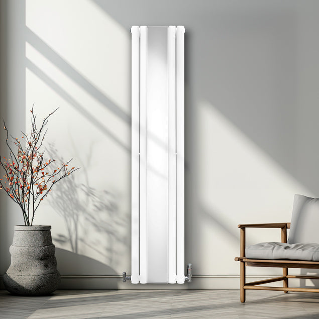 Radiateur à Colonne Ovale avec Miroir & Valves - 1800mm x 380mm – Blanc