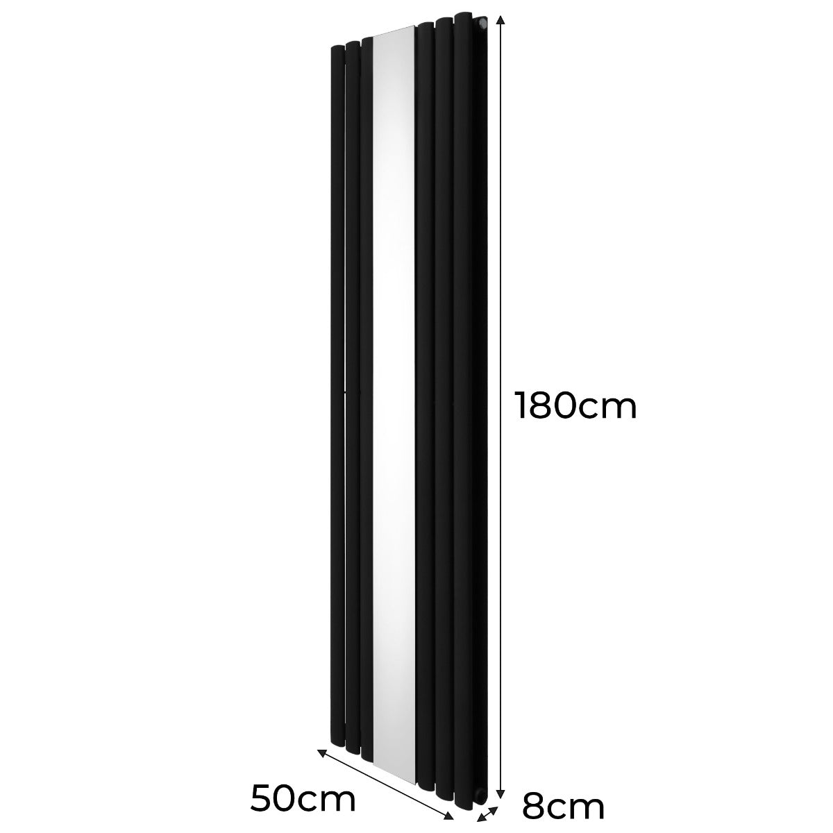 Radiateur à Colonne Ovale avec Miroir & Valves - 1800mm x 500mm – Noir