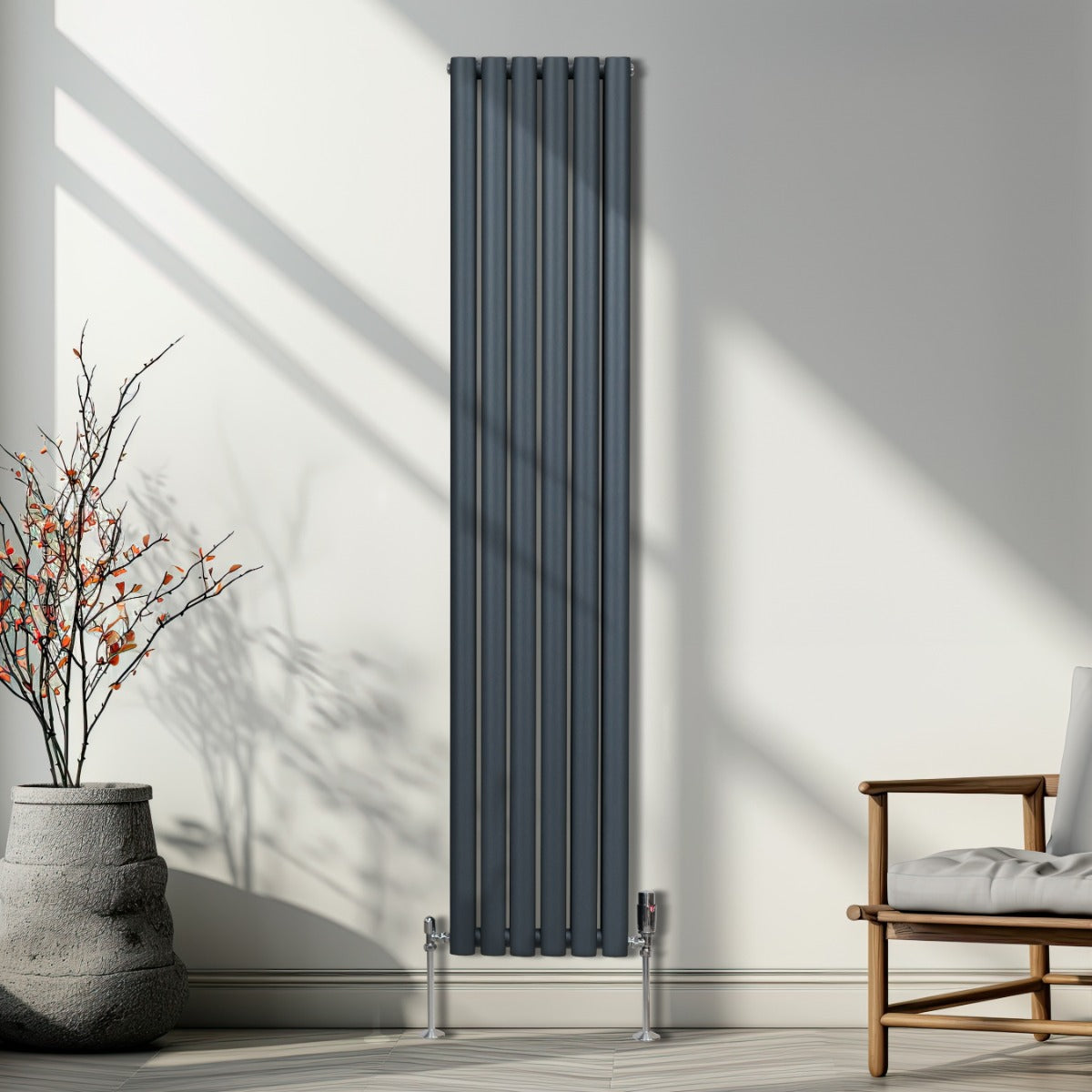 Radiateur à Colonne Ovale & Robinet Thermostatique Chromé - 1800mm x 360mm – Gris Anthracite