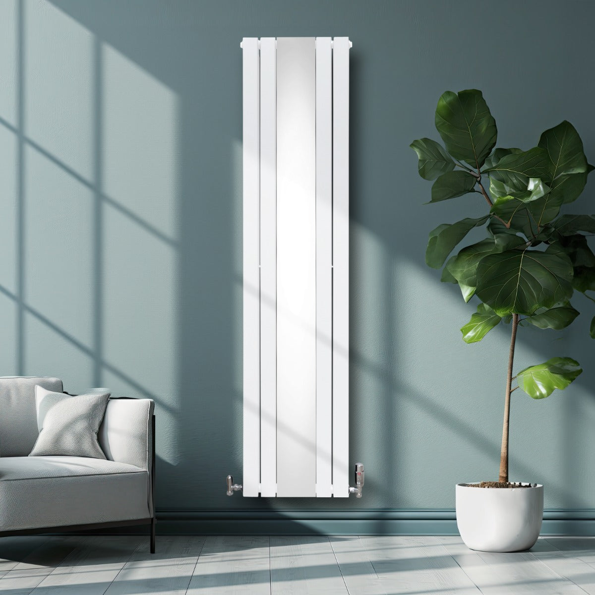 Radiateur Plat avec Miroir & Valves - 1800mm x 425mm – Blanc