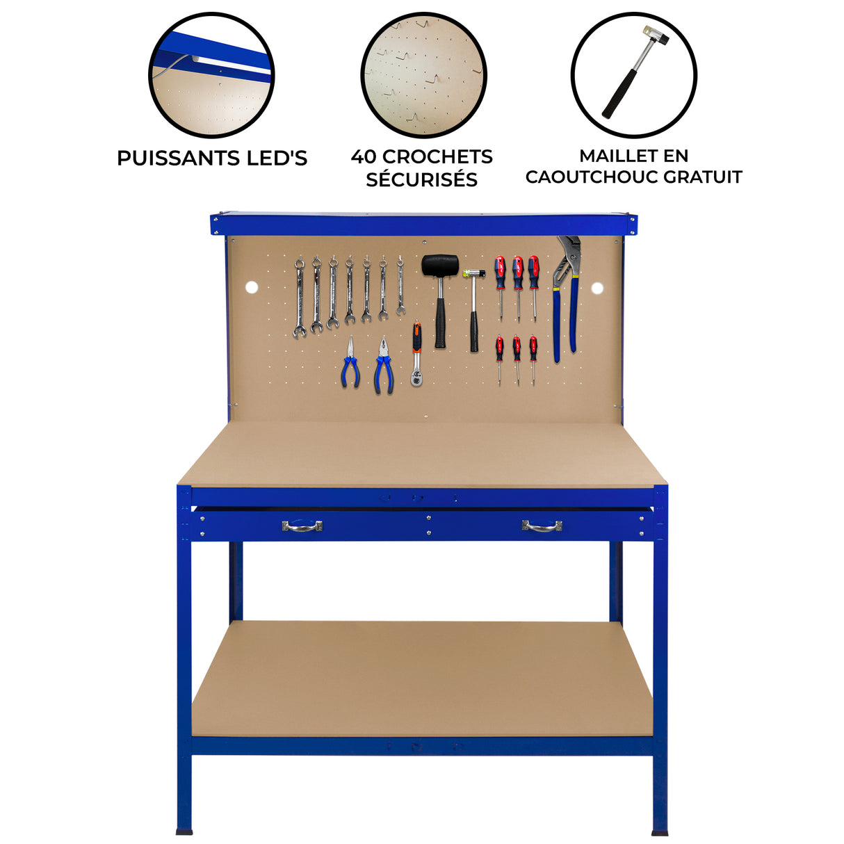 Etabli de Travail 120 cm à Tiroir & LED Blanc Froid - Bleu