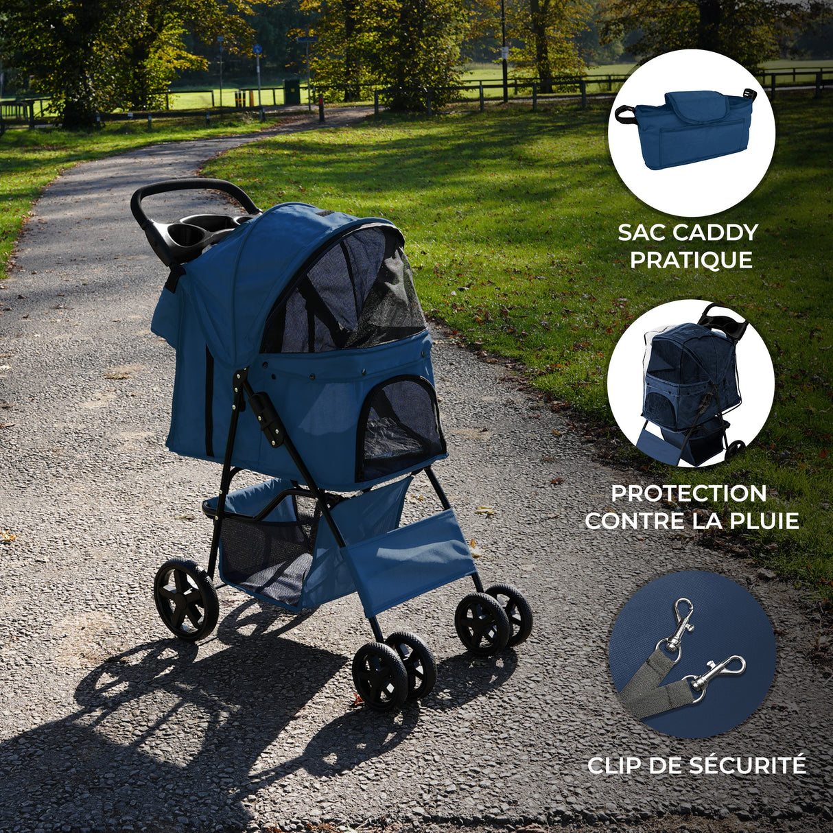 Poussette pour Animal de Compagnie et Sac Caddy – Bleu