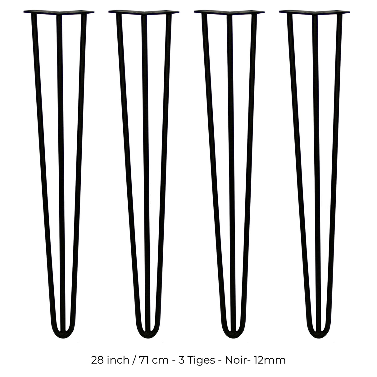 4 Pieds de Table en Épingle à Cheveux - 71cm - 3 Tiges - 12mm – Fini Noir