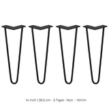 4 Pieds de Table en Épingle à Cheveux - 35,5cm - 2 Tiges - 10mm – Fini Noir