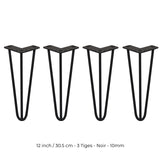 4 Pieds de Table en Épingle à Cheveux - 30,5cm - 3 Tiges - 10mm – Fini Noir