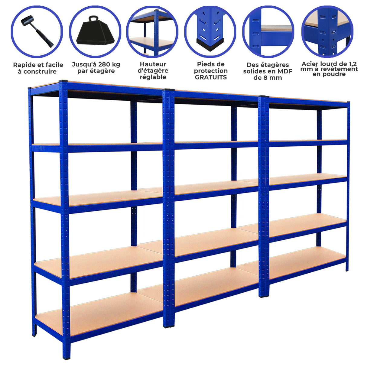 3 Rayonnages T-Rax en Acier Sans Boulons Bleus 90cm x 45cm x 180cm