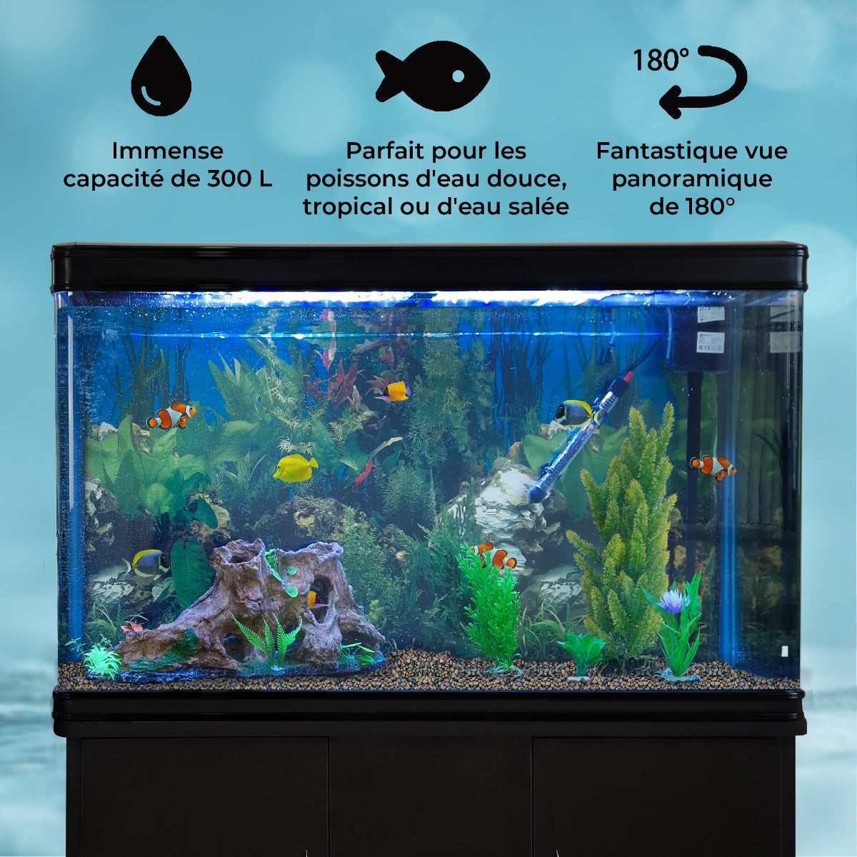 Aquarium à bords Noir avec Meuble NOIR et Gravier Naturel