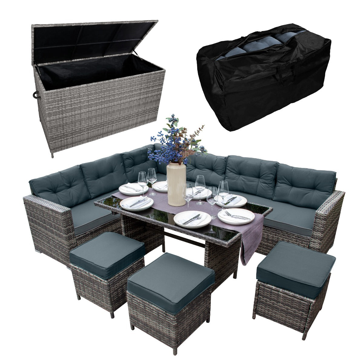 Salon de Jardin 9 personnes & Coffre de Rangement en Rotin – Gris