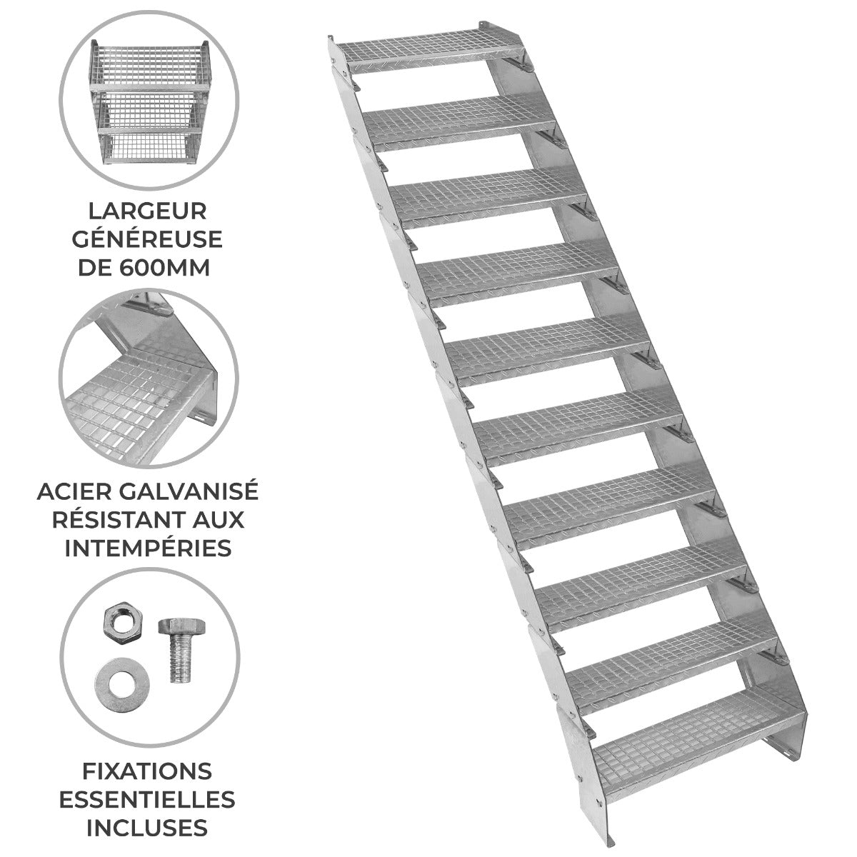 Escalier Caillebottis à 10 Marches - 240 x 600mm