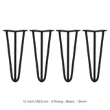 4 Pieds de Table en Épingle à Cheveux - 30,5cm - 3 Tiges - 12mm – Fini Noir