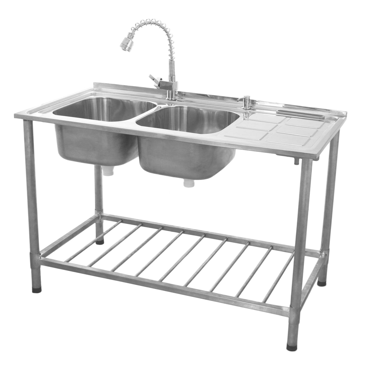 KuKoo Evier Professionnel /Plonge Inox sur Pied à Doubles Bacs – Egouttoir à Droite