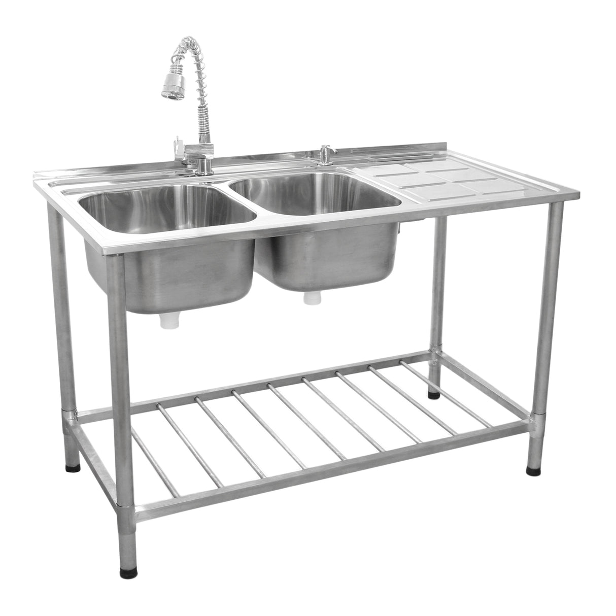 KuKoo Evier Professionnel /Plonge Inox sur Pied à Doubles Bacs – Egouttoir à Droite