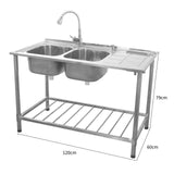 KuKoo Evier Professionnel /Plonge Inox sur Pied à Doubles Bacs – Egouttoir à Droite