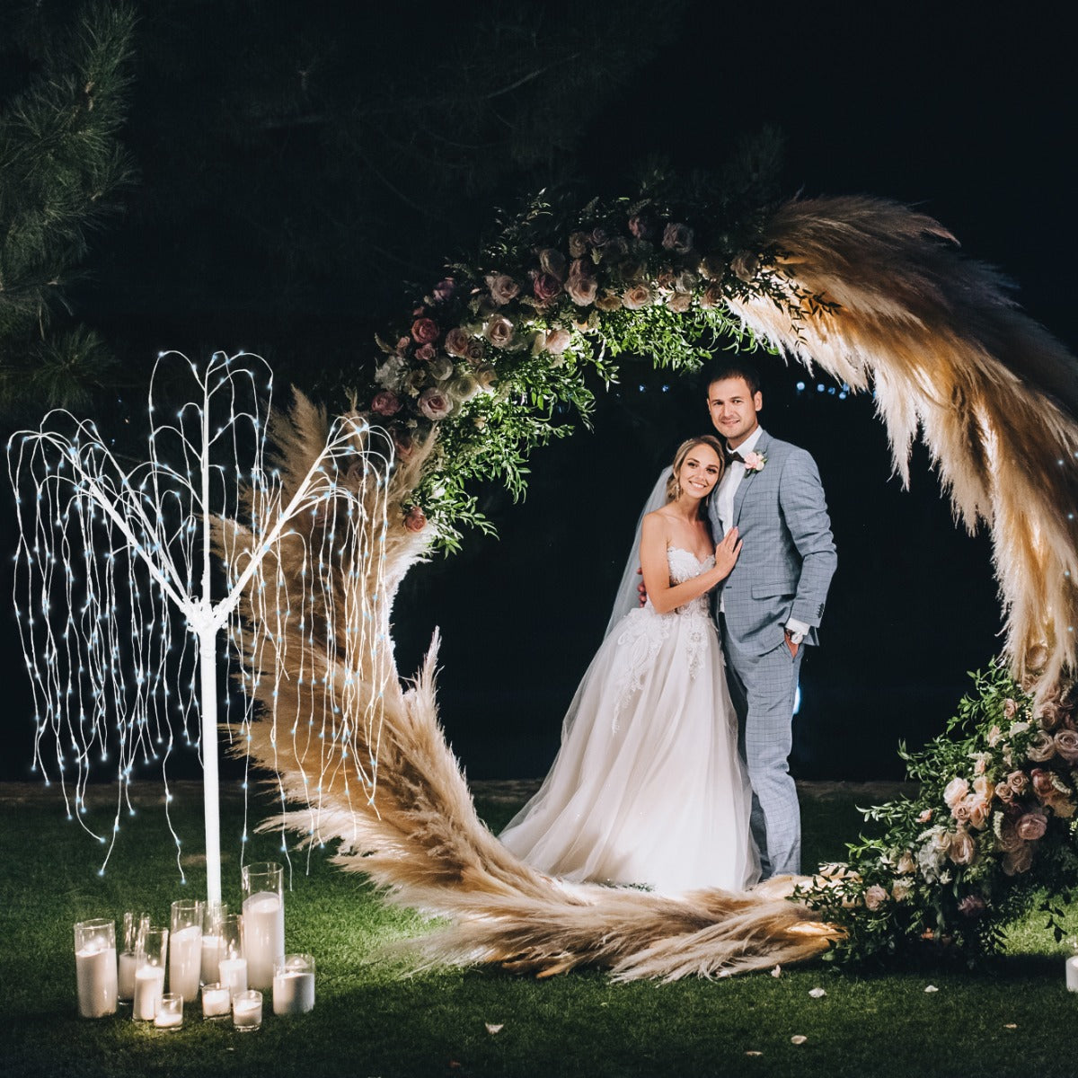 Décoration de Mariage - Combo Arche Circulaire Blanche & 1 Saule Pleureur Lumineux 180 cm Blanc froid