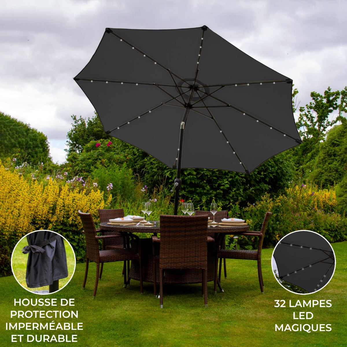 Parasol Gris 270 cm avec 32 LED's Intégrés