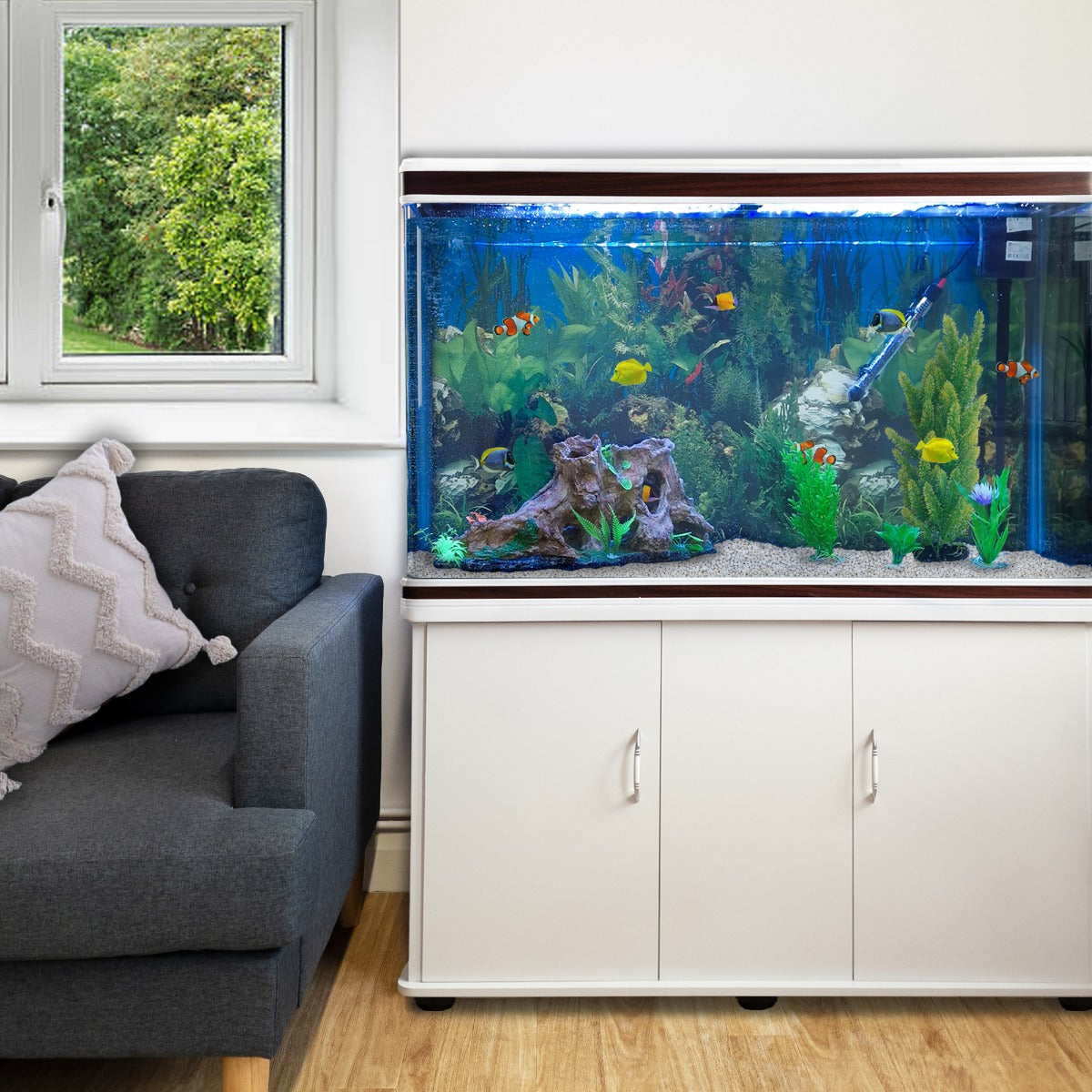 Aquarium Blanc avec Meuble de support Blanc assorti et Gravier Blanc