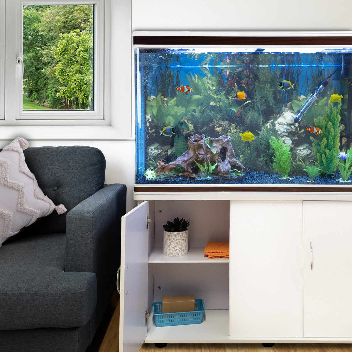 Aquarium Blanc avec Meuble de support Blanc assorti et Gravier Bleu