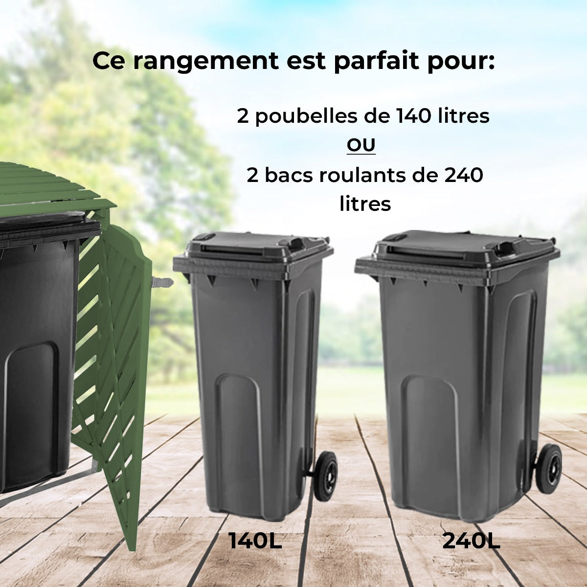 Cache Poubelle Double Vert Sauge - 122cm x 149cm  x 92cm