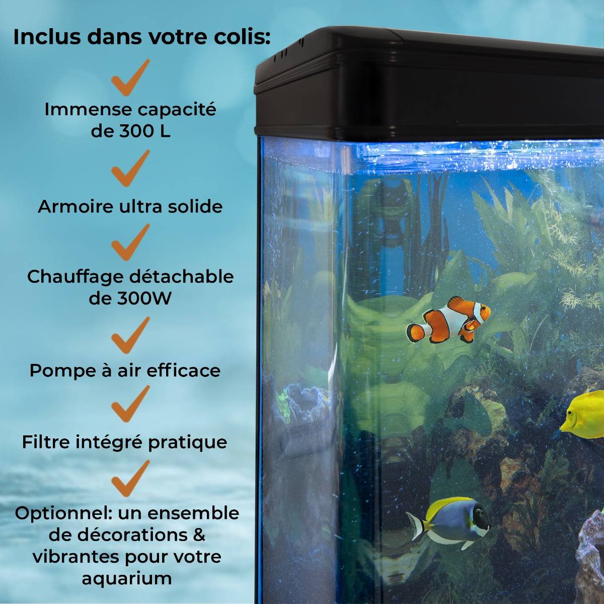 Aquarium à bords Noir avec Meuble NOIR et Gravier Blanc