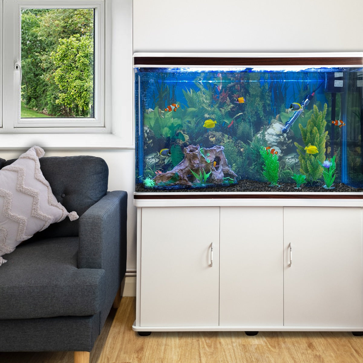 Aquarium Blanc avec Meuble de support Blanc assorti et Gravier Noir