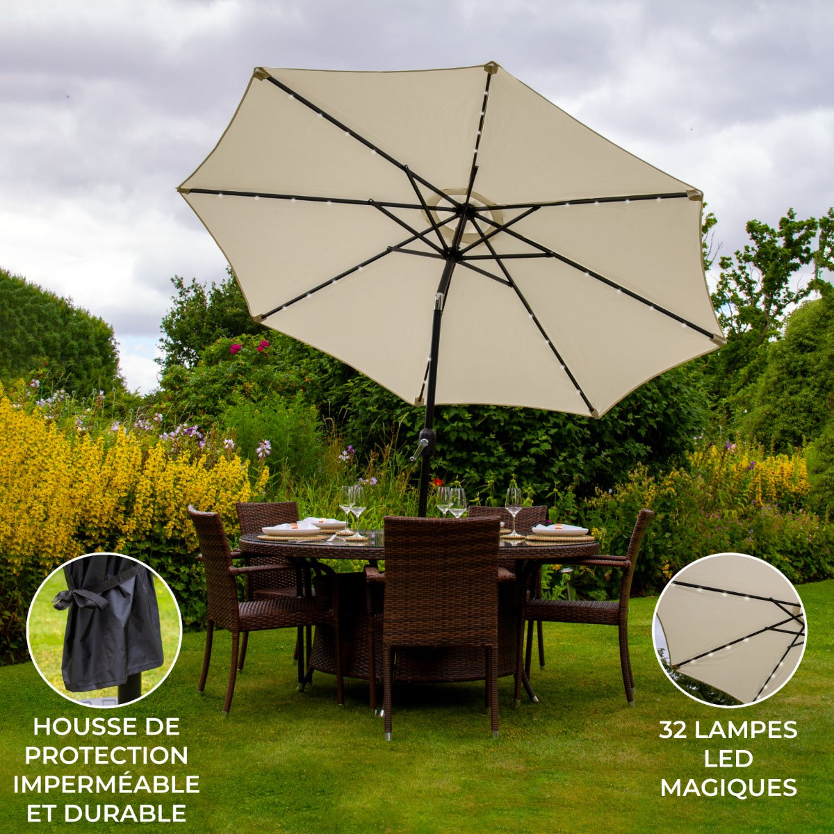 Parasol Crème 270 cm avec 32 LED's Intégrés